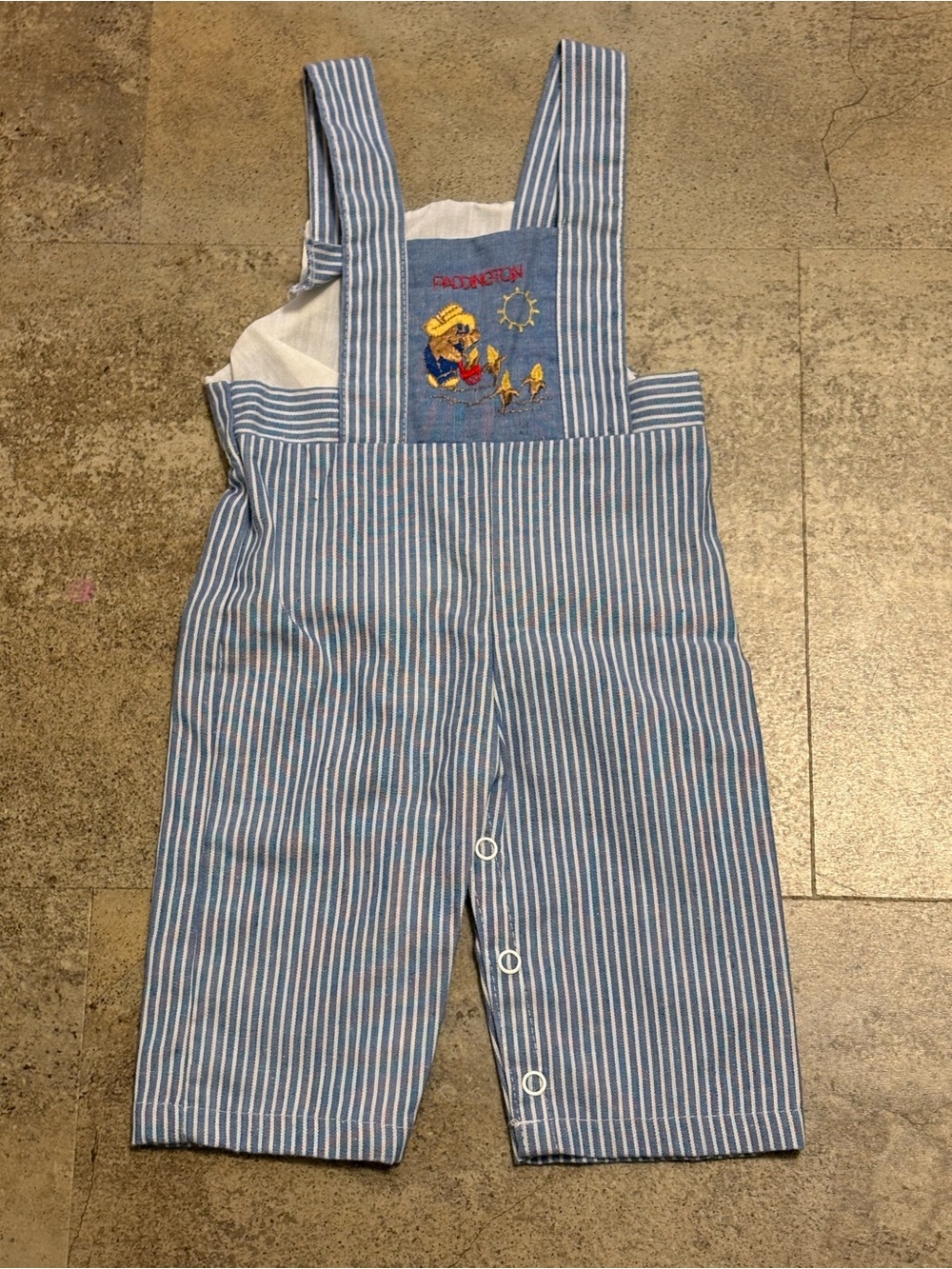 Vintage 1970’s Embroidered Paddington Bear Striped Overalls 3-6 months